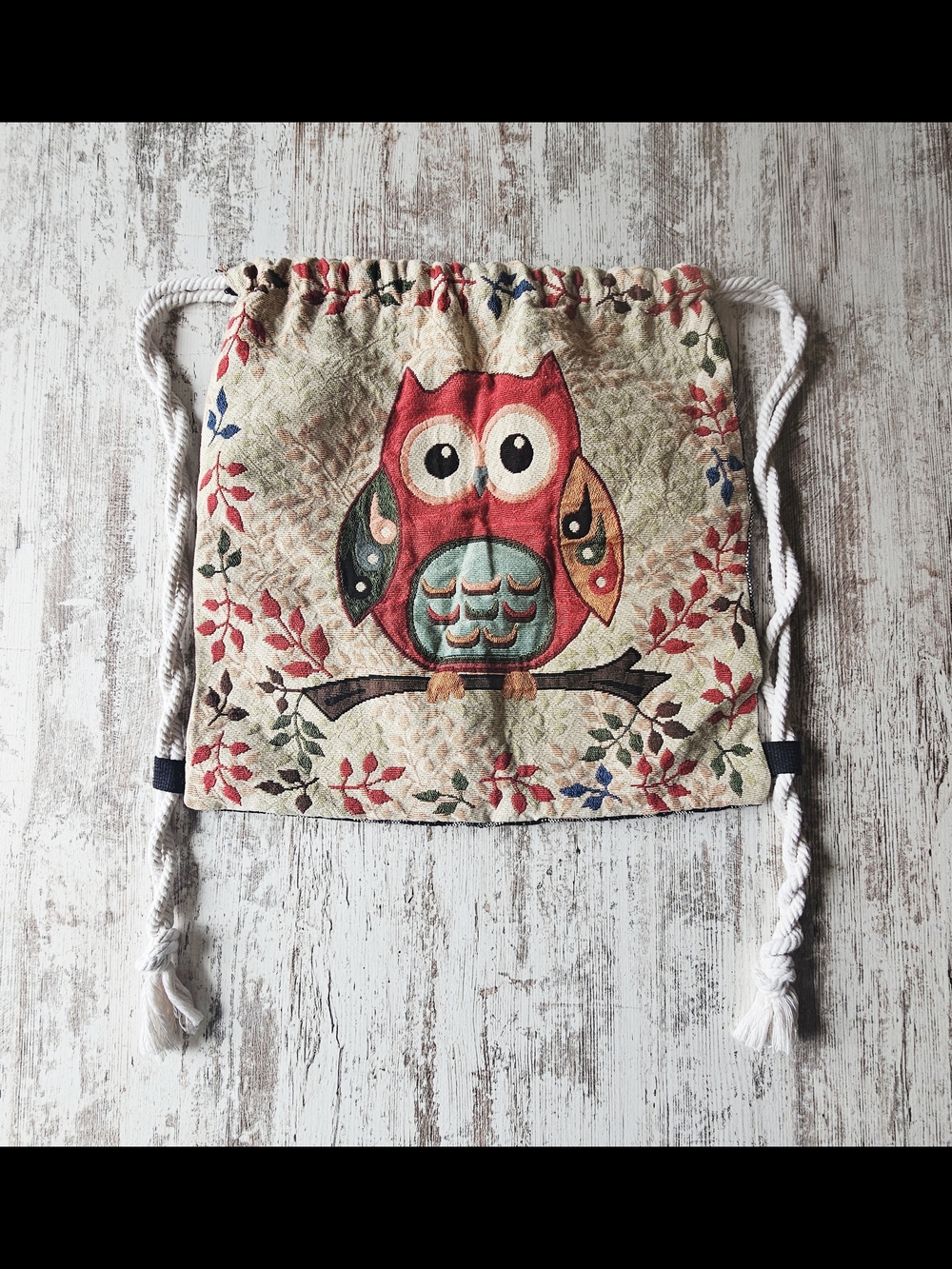 Boho Owl Drawstring Bag Backpack Embroidered Tapestry 18"x18"